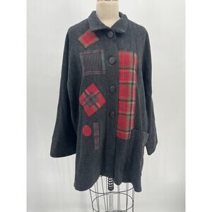 Beppa Unlined Wool Jacket Sz L Gray Red Patchwork Applique Lagenlook